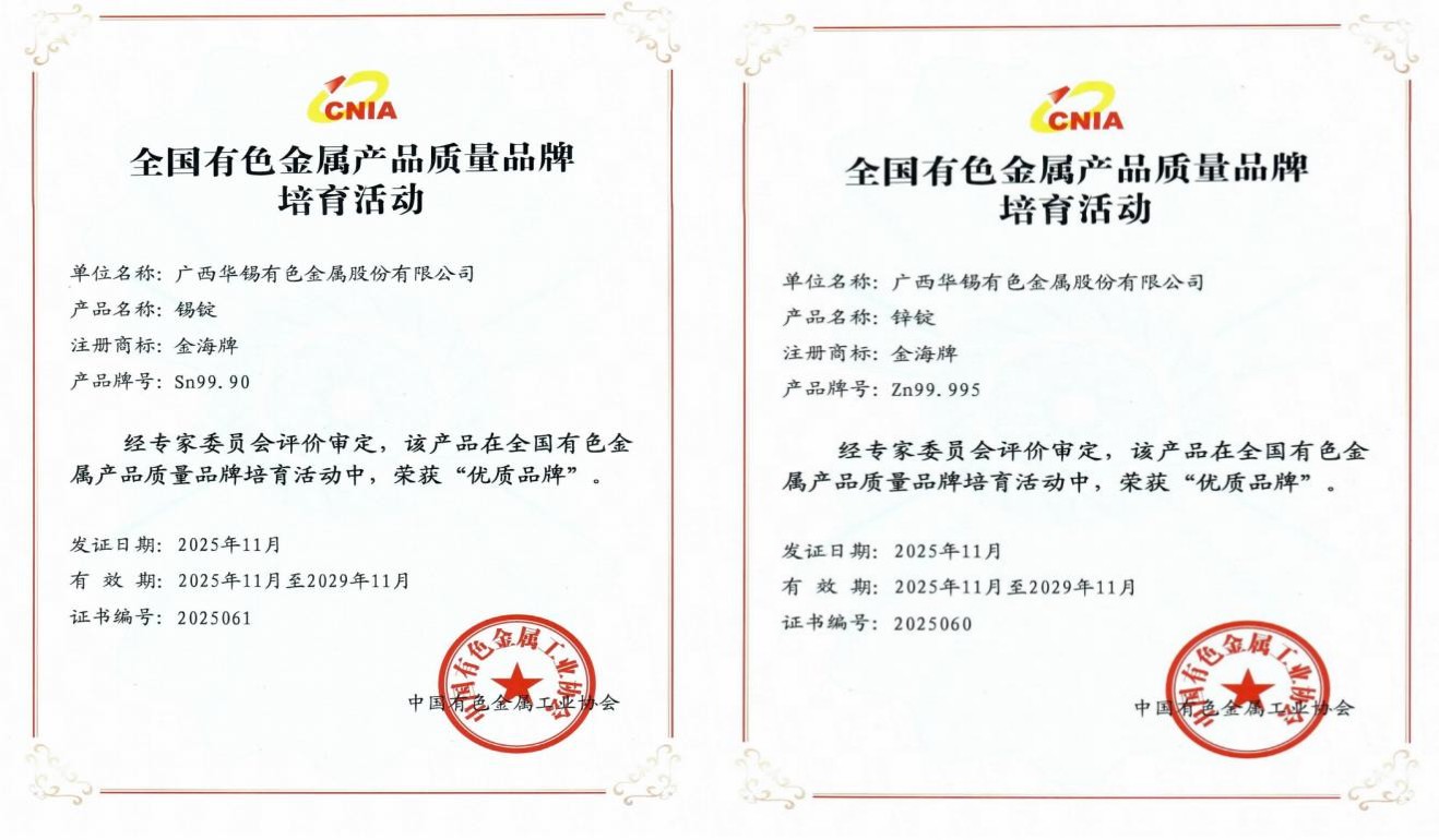 國字號榮譽！華錫有色五類產品榮獲全國有色金屬行業(yè)&ldquo;優(yōu)質品牌&rdquo;與&ldquo;培育品牌&rdquo;稱號